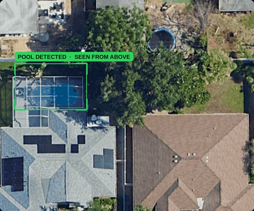 CurbPilot AI flagging a backyard pool from aerial imagery with a green detection box