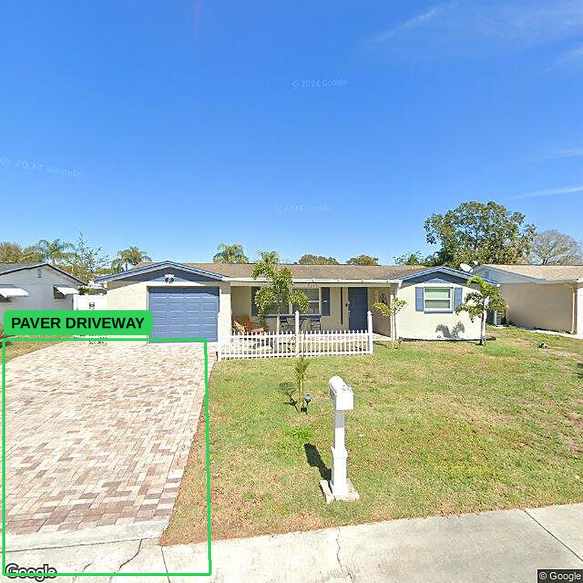 CurbPilot AI flagging a paver driveway from street imagery with a green detection box
