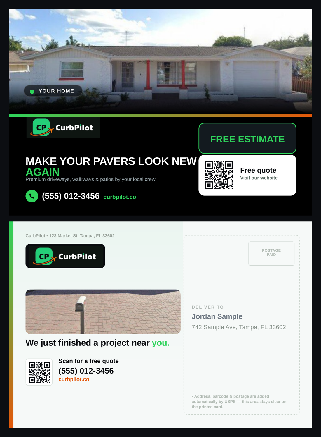 Sample CurbPilot postcard showing a homeowner's own property