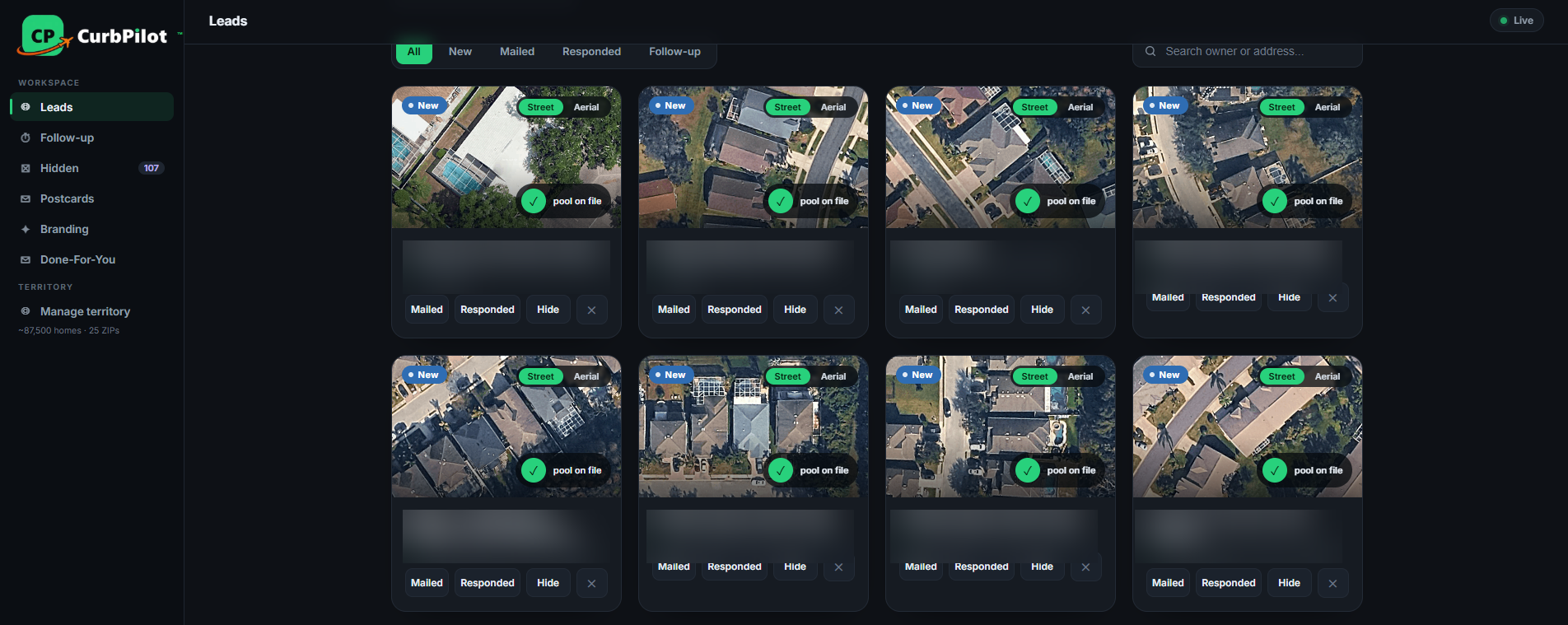 CurbPilot leads dashboard showing matched homes with aerial photos and a pool-on-file signal